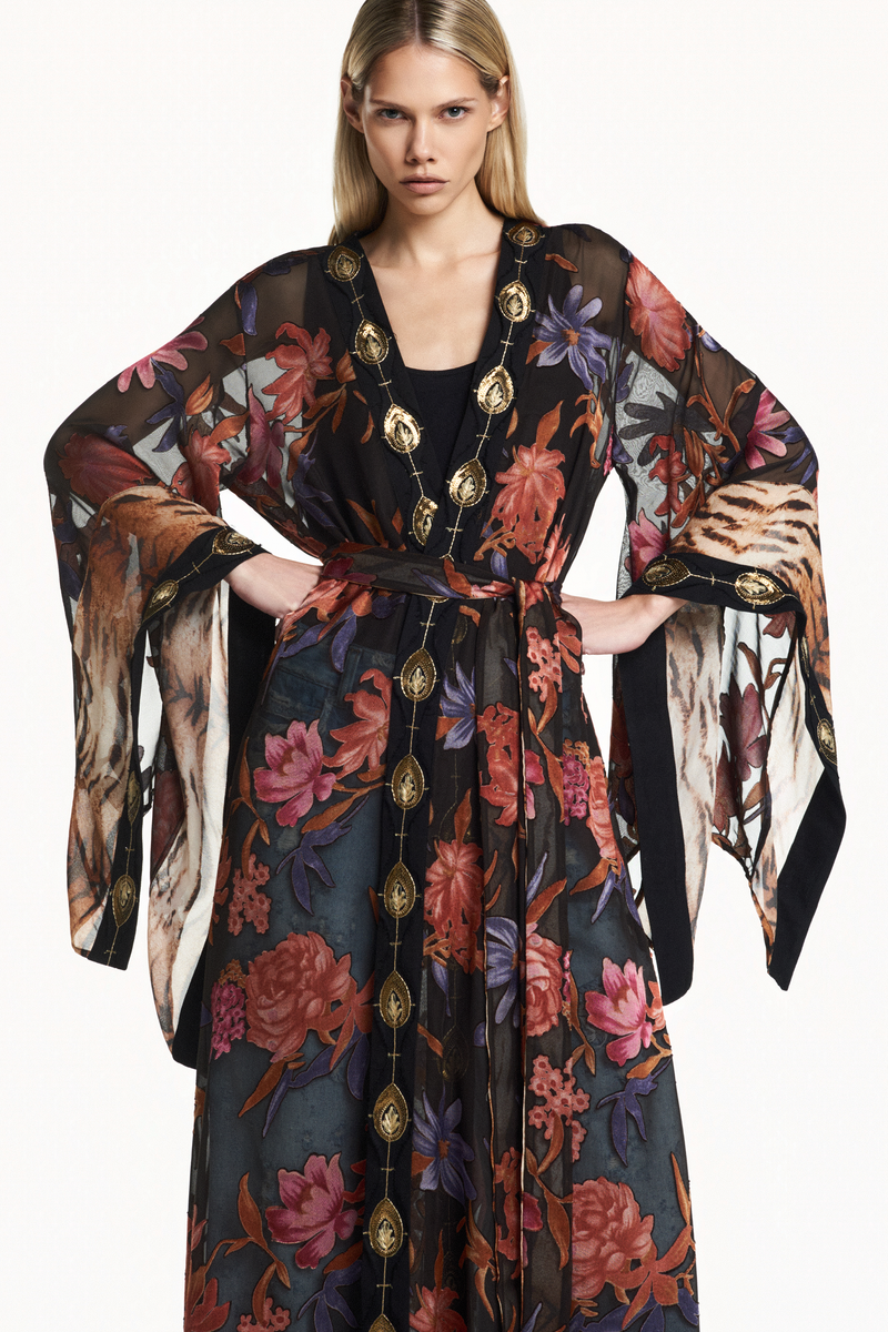 KIMONO LONGO PATCHWORK GEORGETE DEVORÊ FLORAL