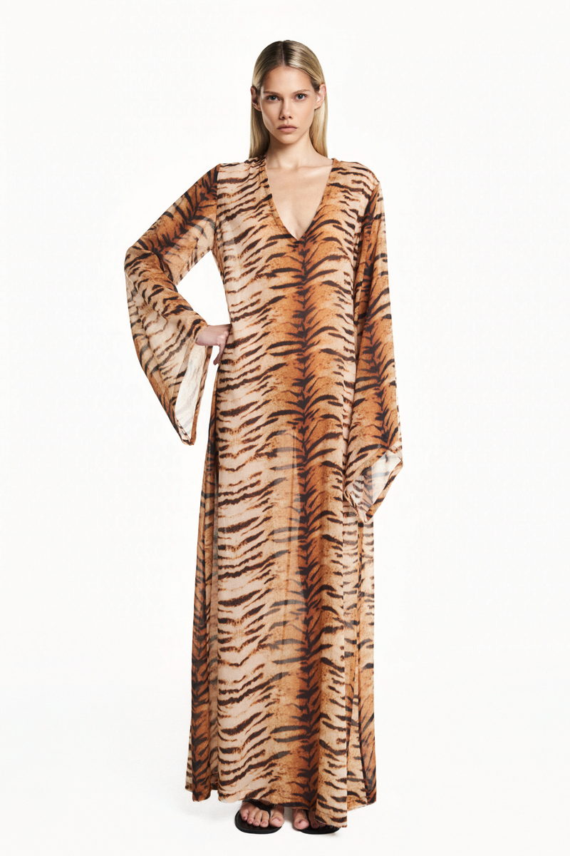 VESTIDO TÚNICA LONGO MANGA LONGA ALGODÃO TIGRE