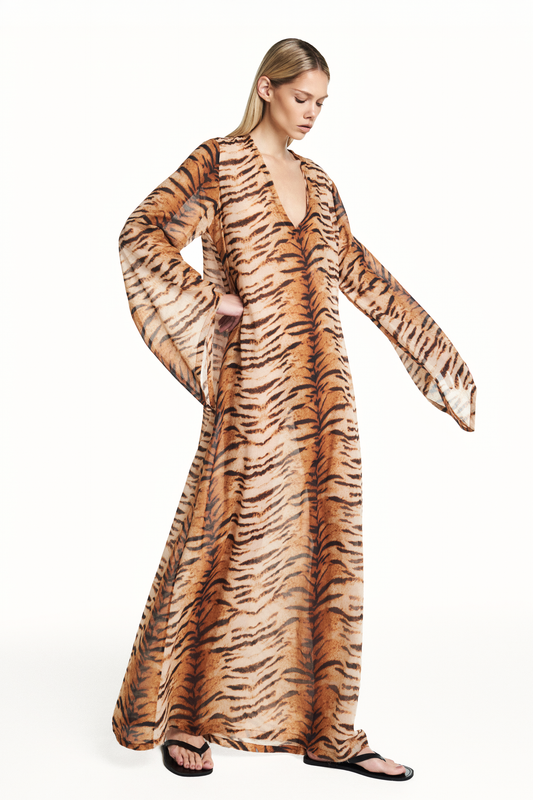 VESTIDO TÚNICA LONGO MANGA LONGA ALGODÃO TIGRE