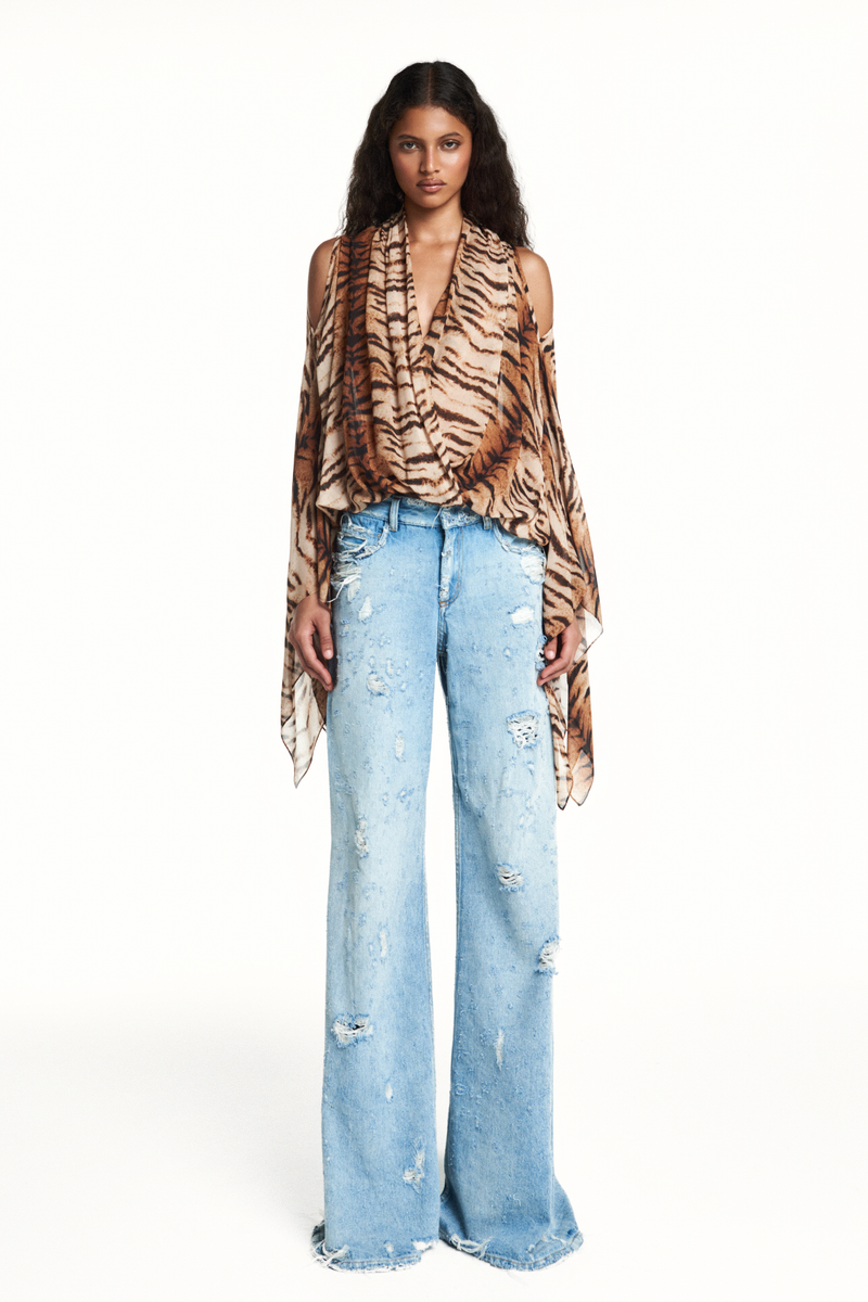 BLUSA DECOTE TRANSPASSE ELÁSTICO CINTURA MANGA AMPLA GEORGETE TIGRE