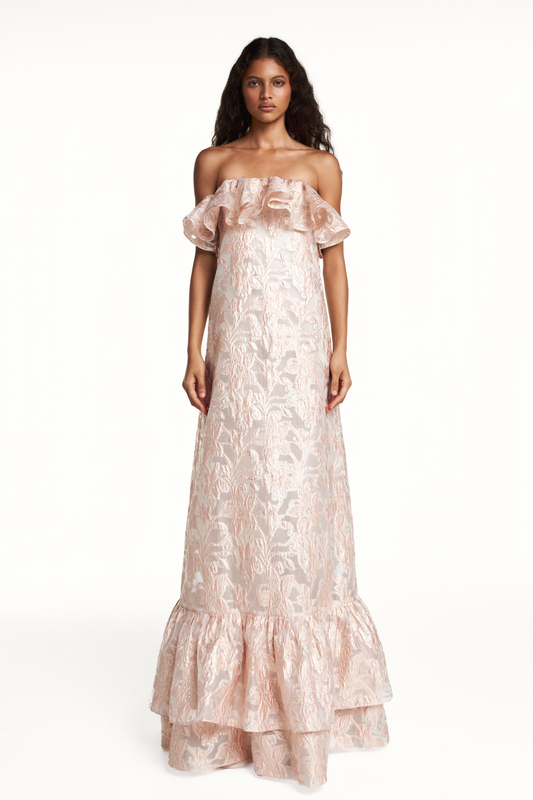 VESTIDO LONGO TOMARA QUE CAIA BABADOS DECOTE E BARRA JAQUARD FLORAL