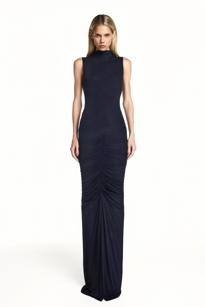 VESTIDO LONGO SEM MANGA SAIA DRAPEADA MALHA PRETA