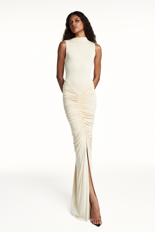 VESTIDO LONGO SEM MANGA SAIA DRAPEADA MALHA MANTEIGA