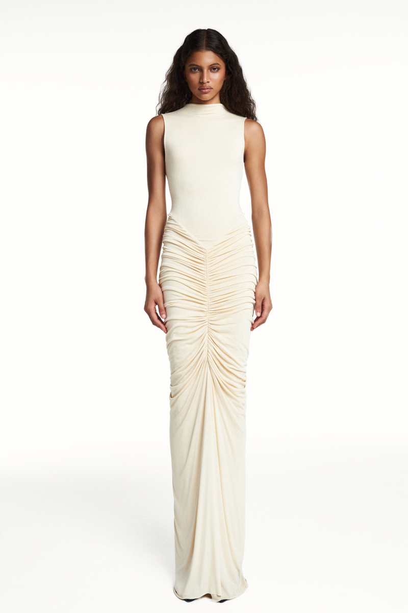 VESTIDO LONGO SEM MANGA SAIA DRAPEADA MALHA MANTEIGA