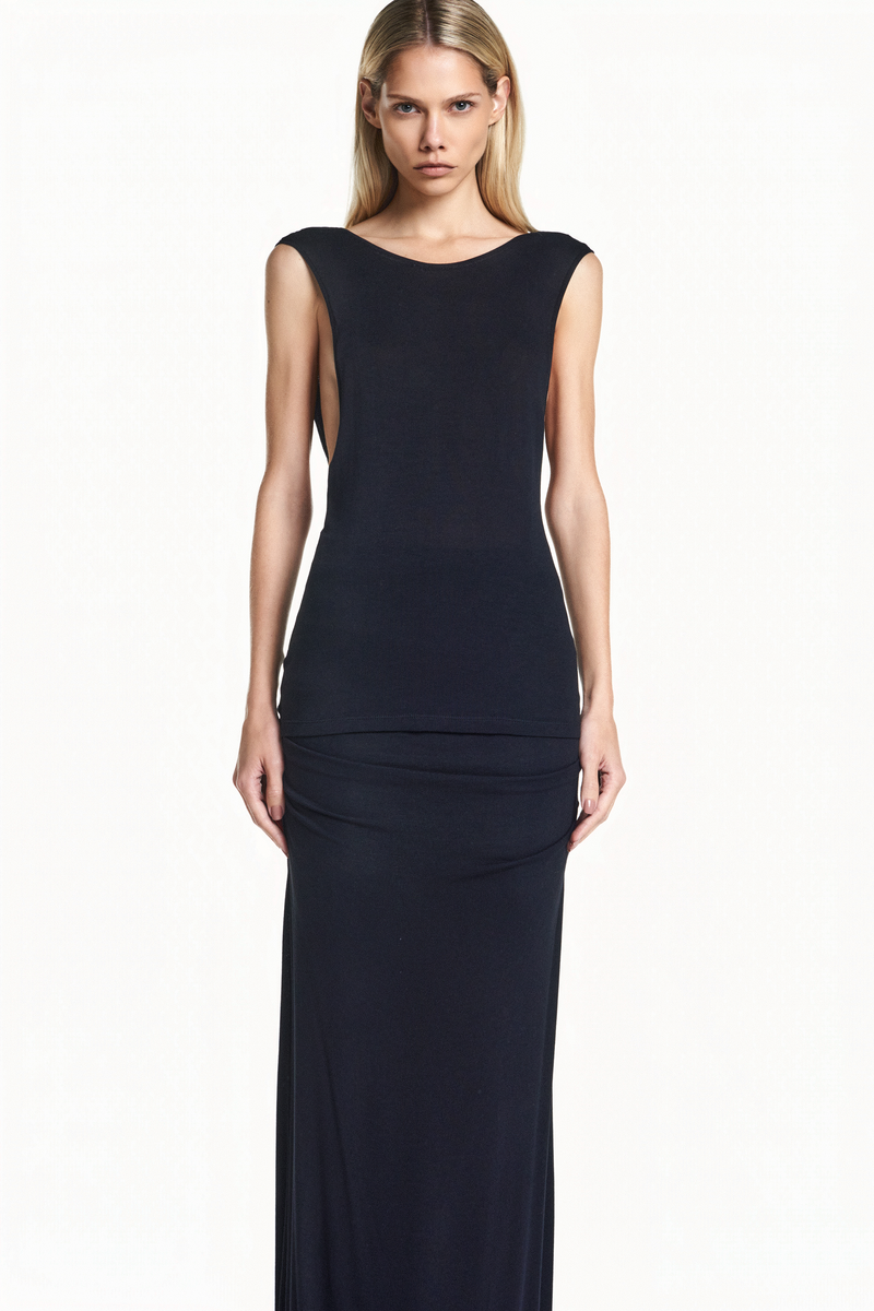 SAIA LONGA DRAPEADO QUADRIL MALHA PRETA