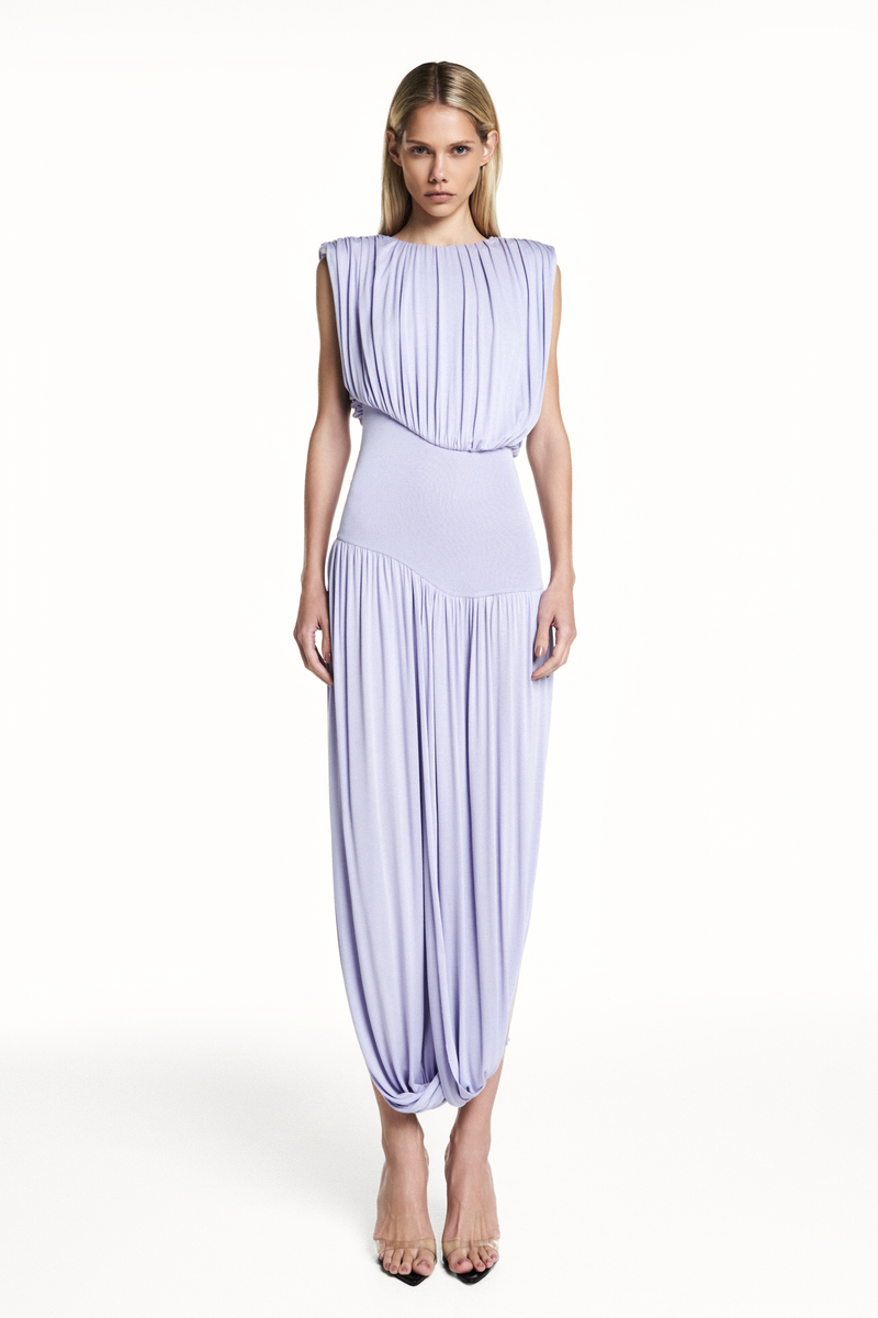 VESTIDO LONGO SEM MANGA SAIA TORCIDA CORPO DRAPEADO PALA CINTURA MALHA LAVANDA