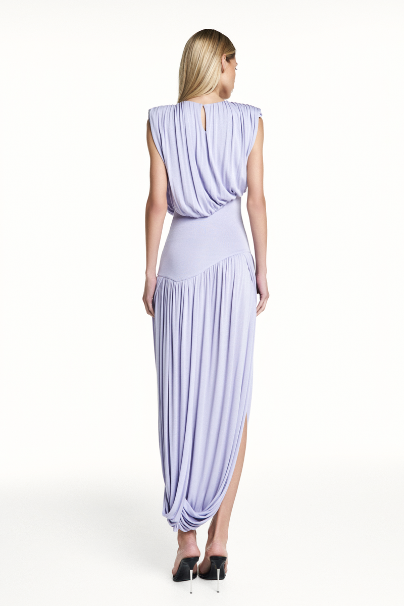 VESTIDO LONGO SEM MANGA SAIA TORCIDA CORPO DRAPEADO PALA CINTURA MALHA LAVANDA