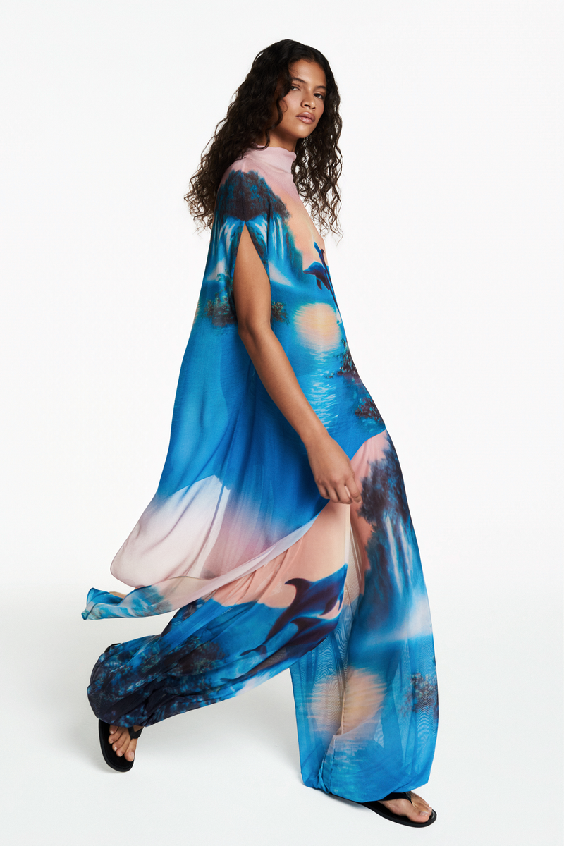 BLUSA KAFTAN ASSIMÉTRICO GEORGETE GOLFINHO AZUL