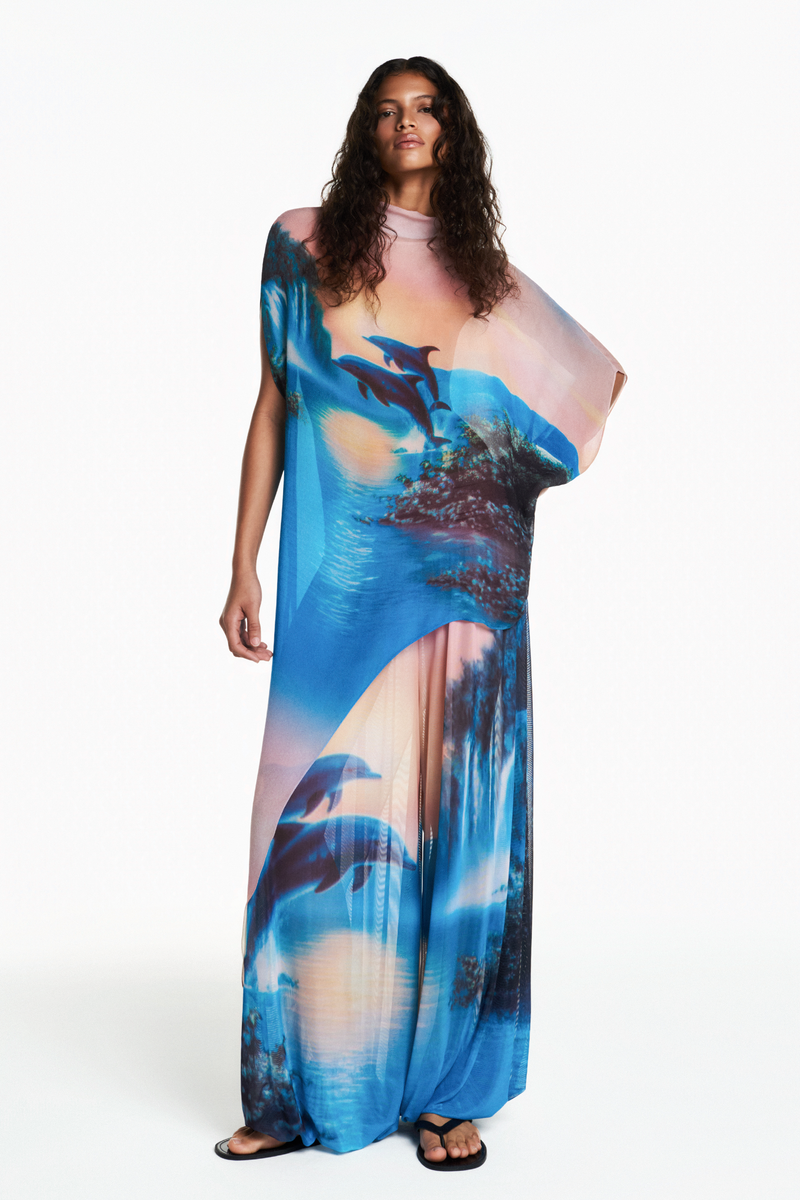 BLUSA KAFTAN ASSIMÉTRICO GEORGETE GOLFINHO AZUL