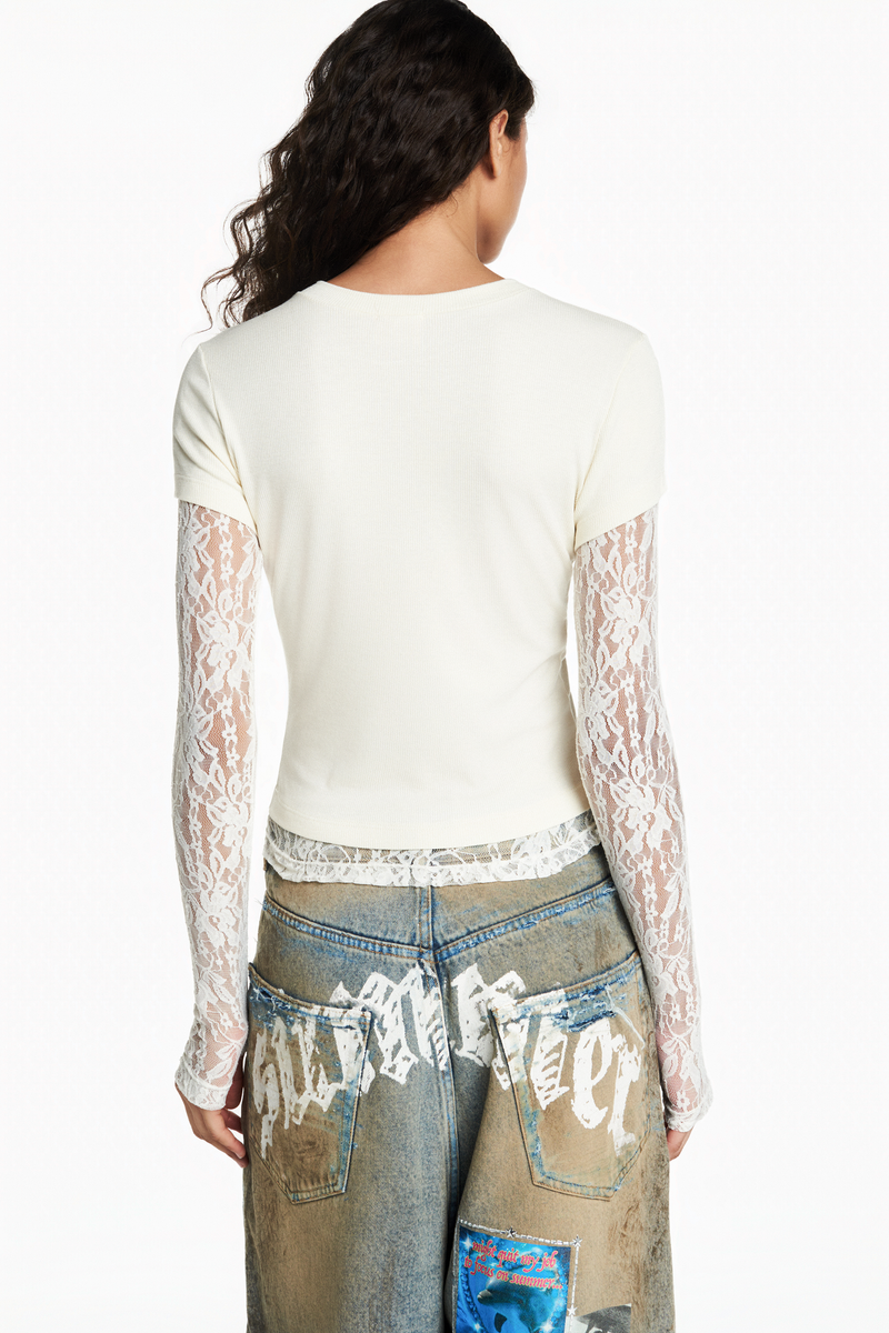 CAMISETA SOBREPOSIÇÃO MANGA RENDA MANTEIGA