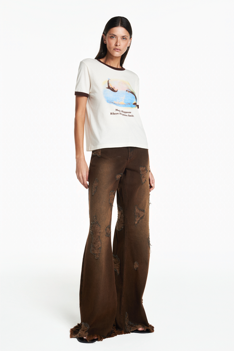 CALÇA JEANS FLARE RASGOS MARROM