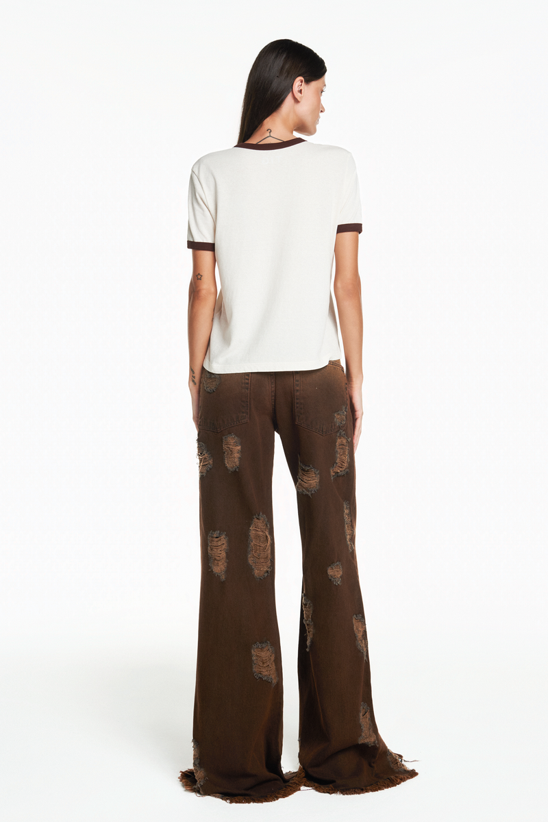 CALÇA JEANS FLARE RASGOS MARROM