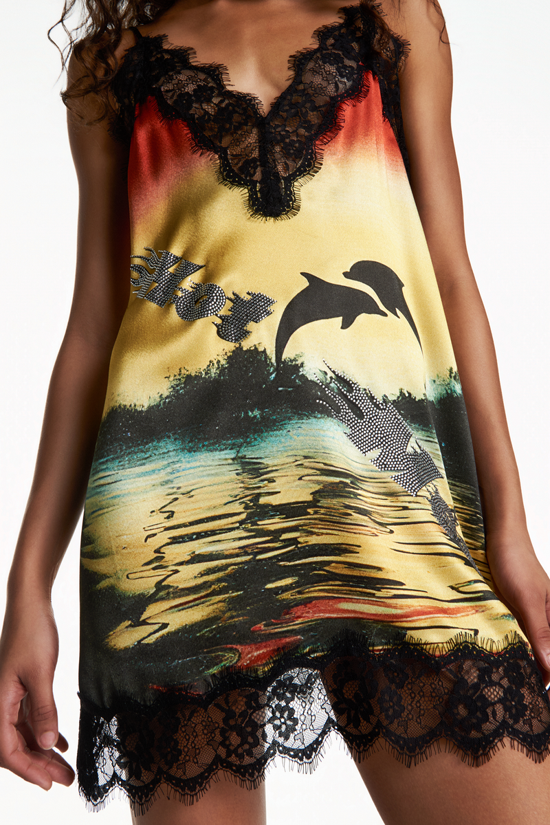 VESTIDO CURTO CETIM GOLFINHO AMARELO