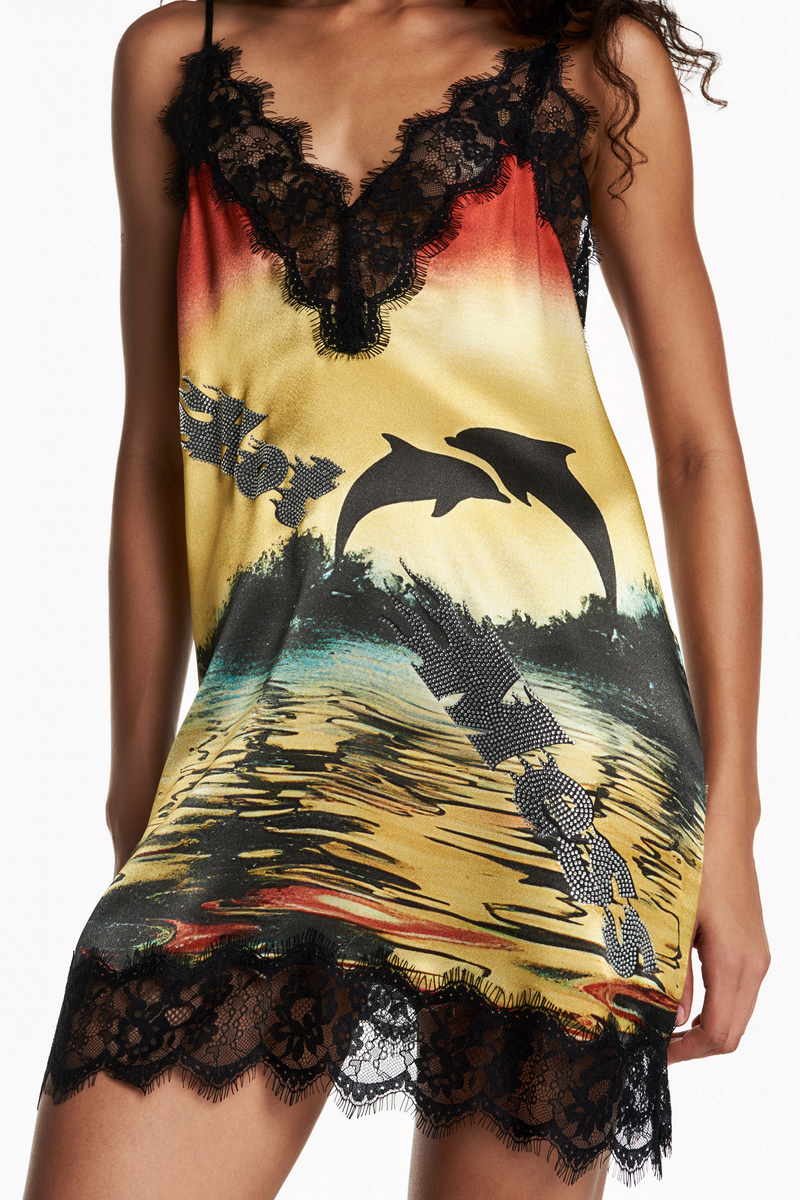 VESTIDO CURTO CETIM GOLFINHO AMARELO