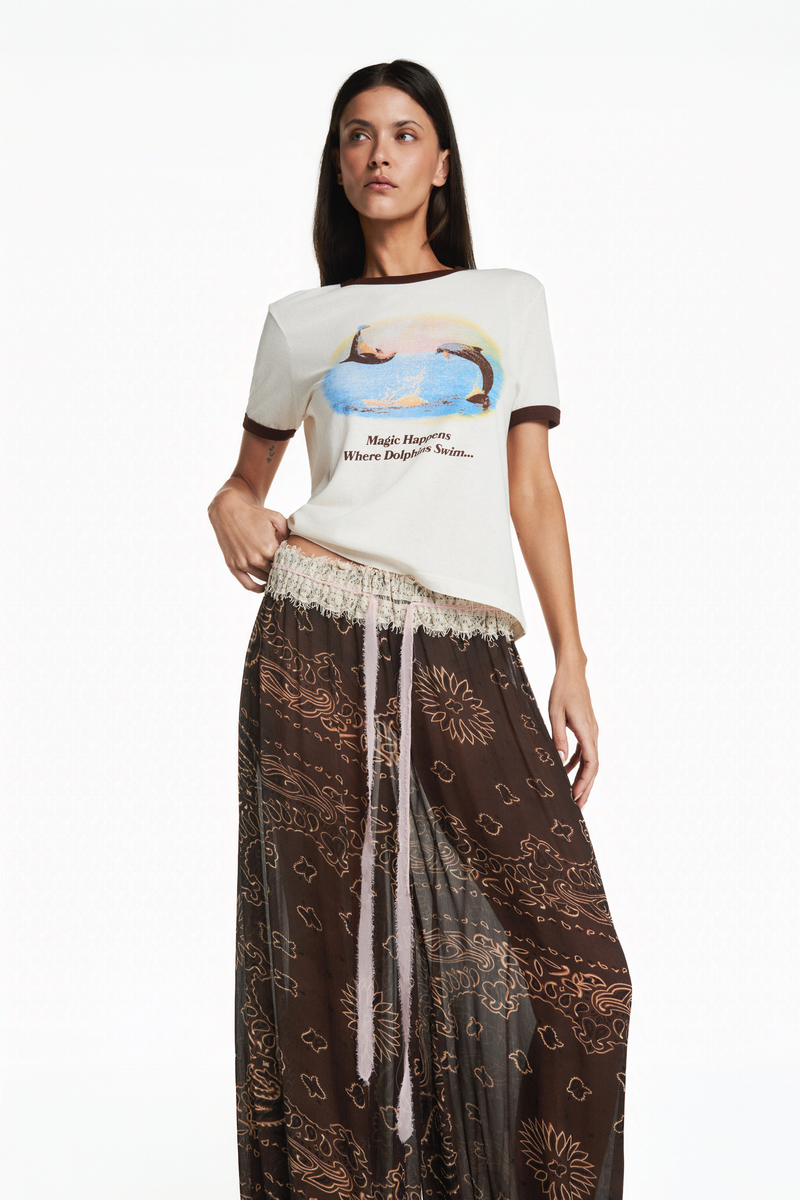 CALÇA ELÁSTICO CINTURA E BARRA CHIFFON BANDANA MARROM COM RENDA