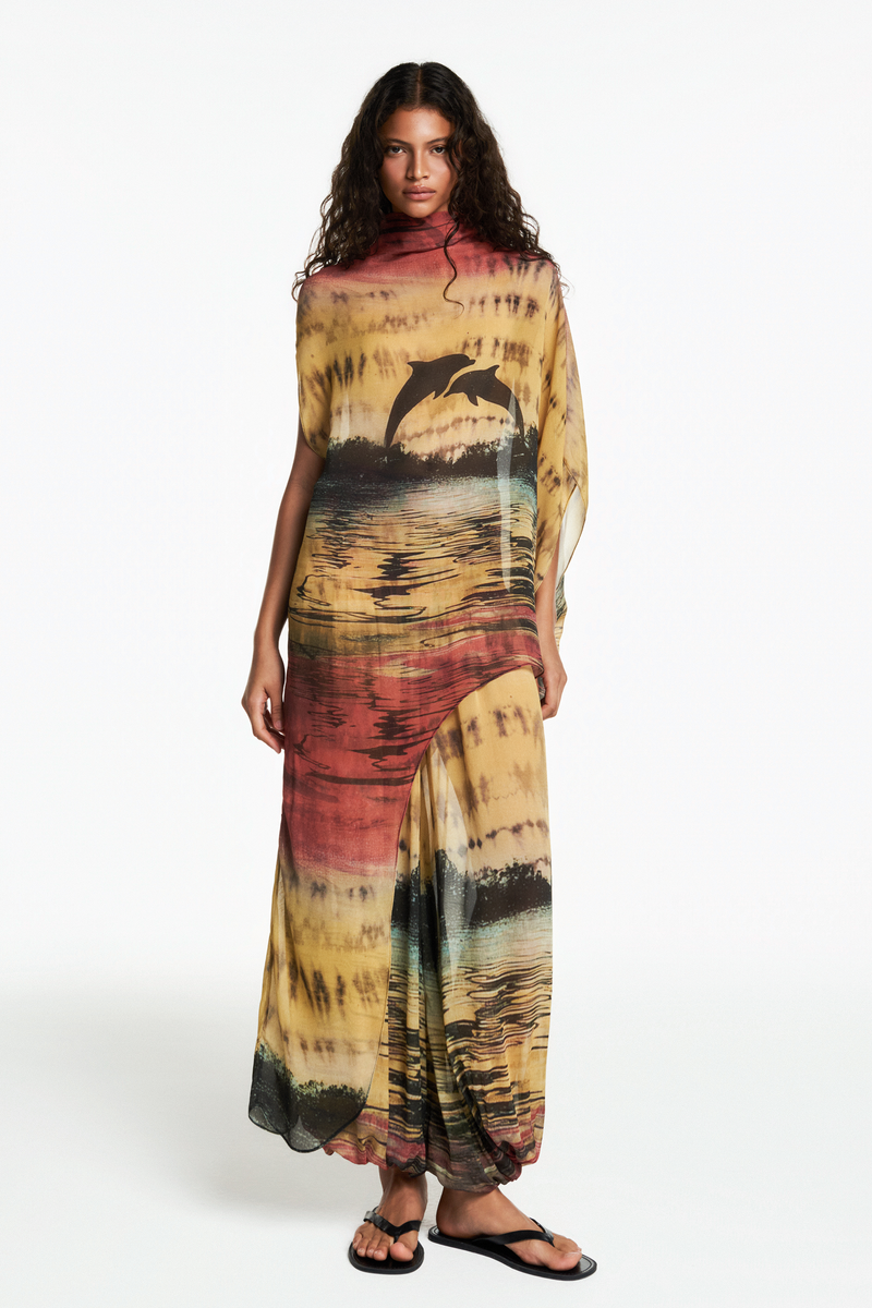 BLUSA KAFTAN ASSIMÉTRICO GEORGETE GOLFINHO AMARELO