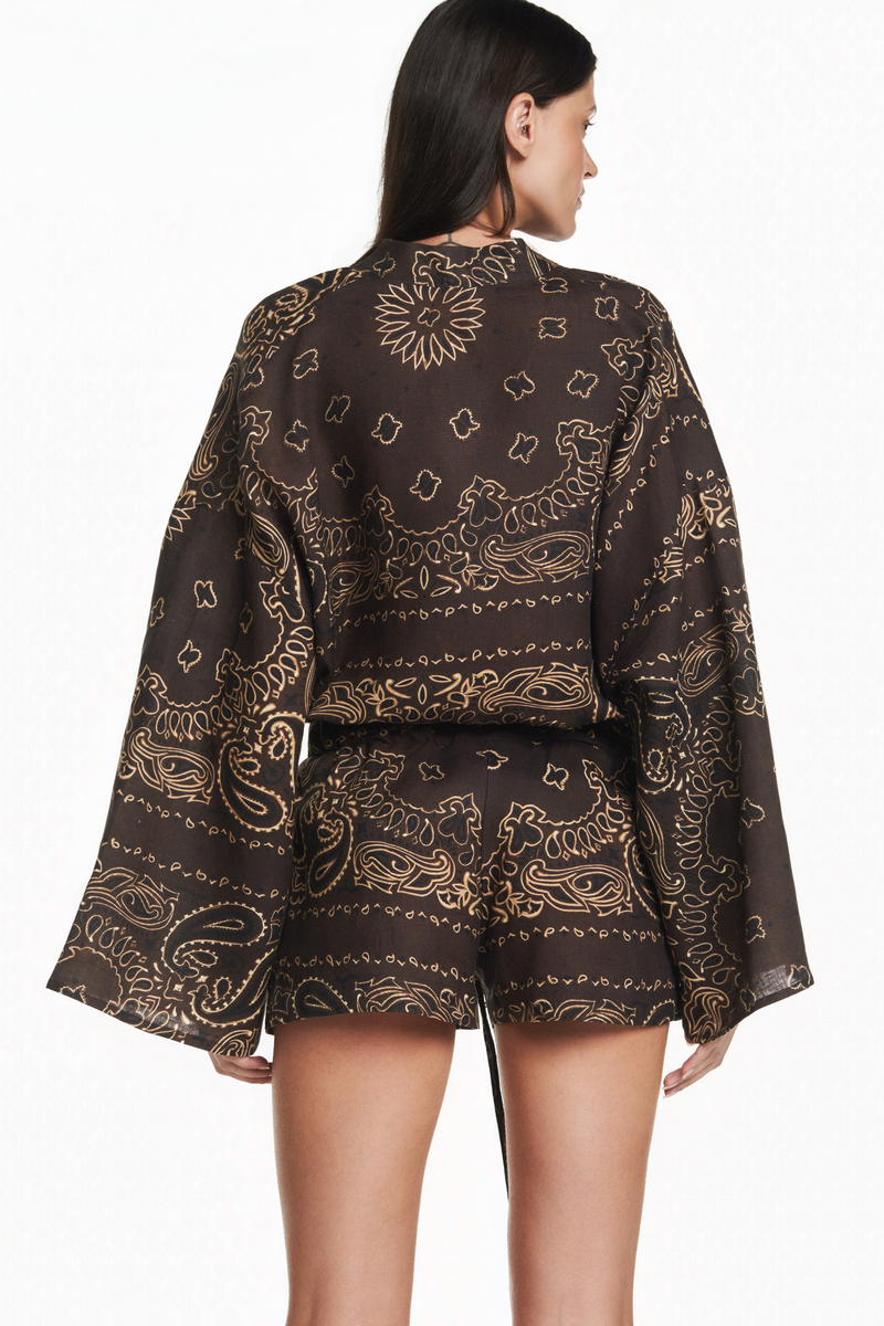 SHORTS ELÁSTICO CÓS LINHO BANDANA MARROM