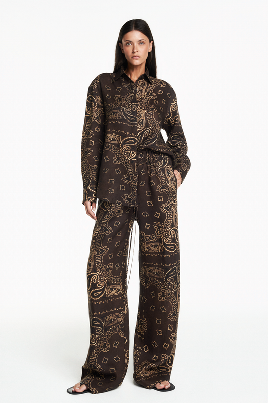 CALÇA ELÁSTICO CÓS LINHO BANDANA MARROM