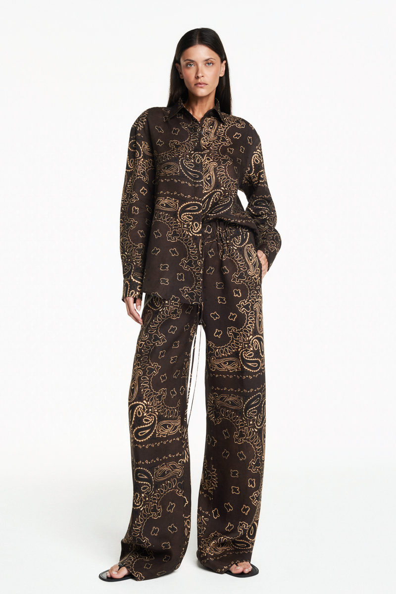 CALÇA ELÁSTICO CÓS LINHO BANDANA MARROM