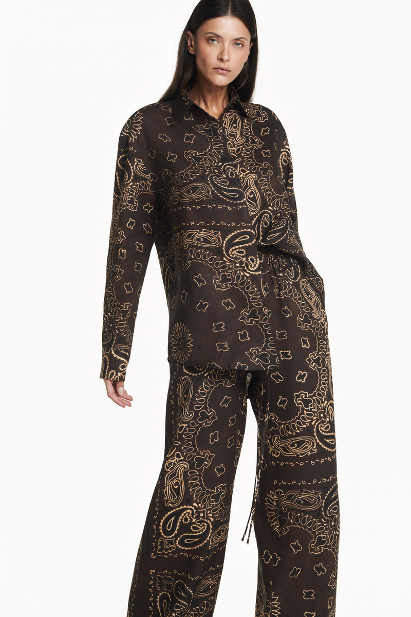 CALÇA ELÁSTICO CÓS LINHO BANDANA MARROM