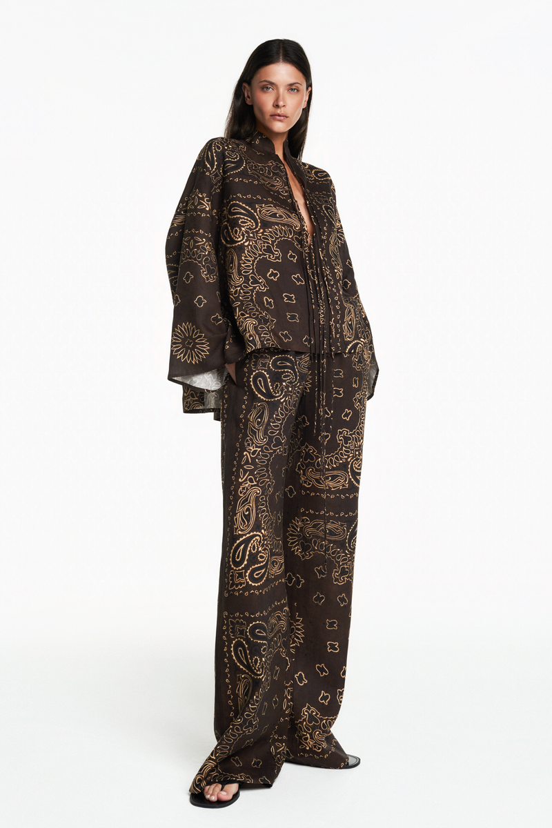 CALÇA ELÁSTICO CÓS LINHO BANDANA MARROM