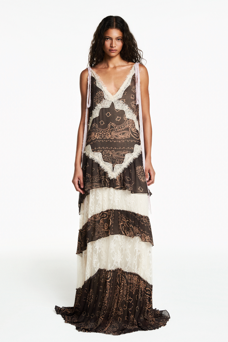 VESTIDO LONGO ALÇA CHIFFON BANDANA MARROM COM RENDA