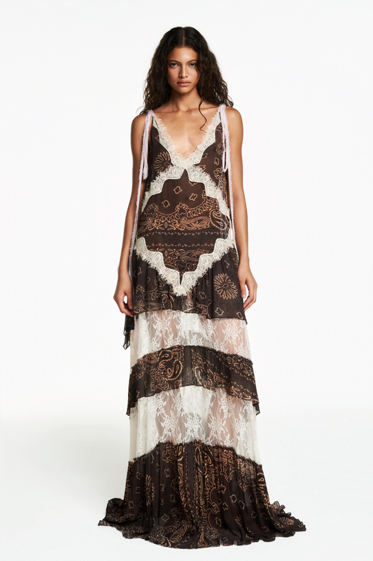 VESTIDO LONGO ALÇA CHIFFON BANDANA MARROM COM RENDA