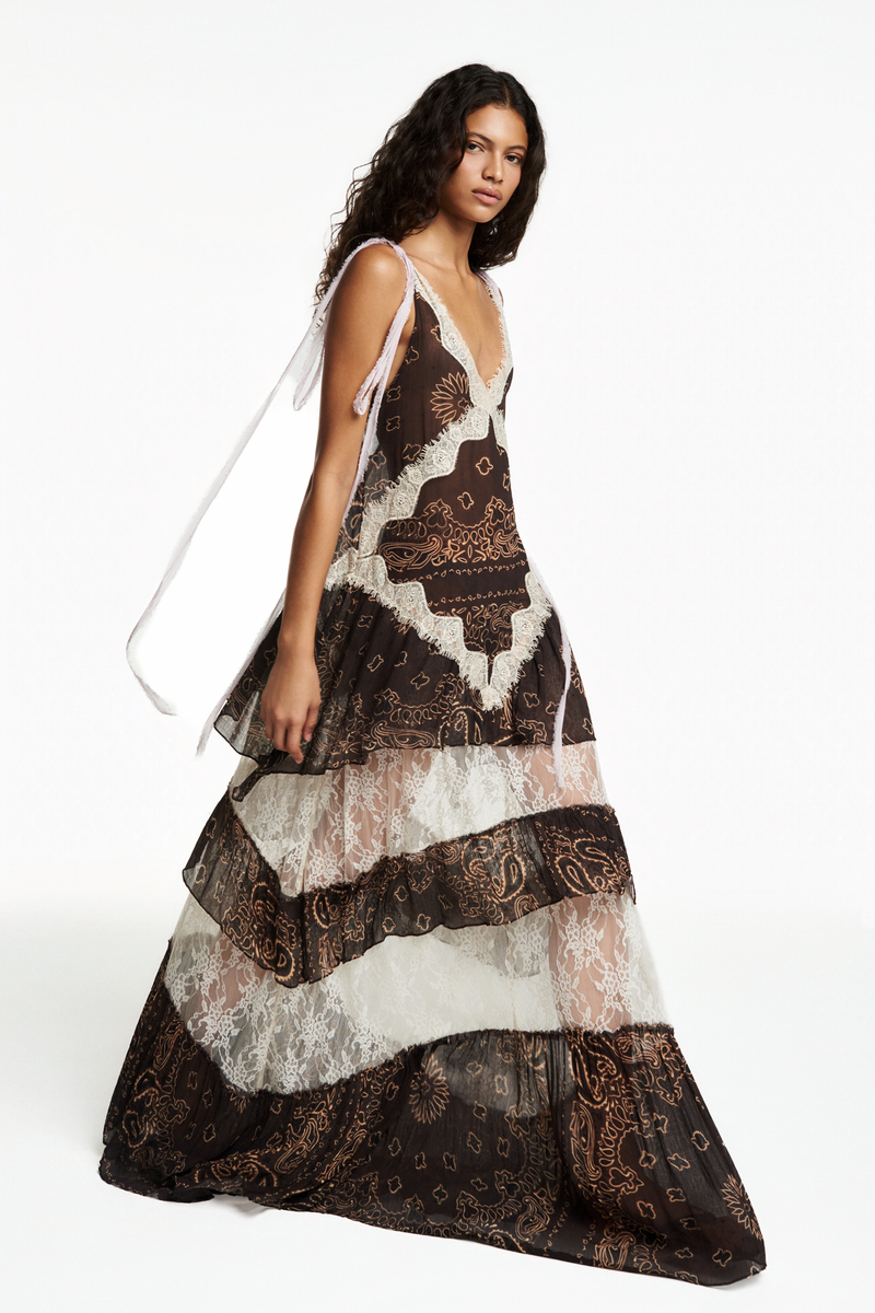 VESTIDO LONGO ALÇA CHIFFON BANDANA MARROM COM RENDA