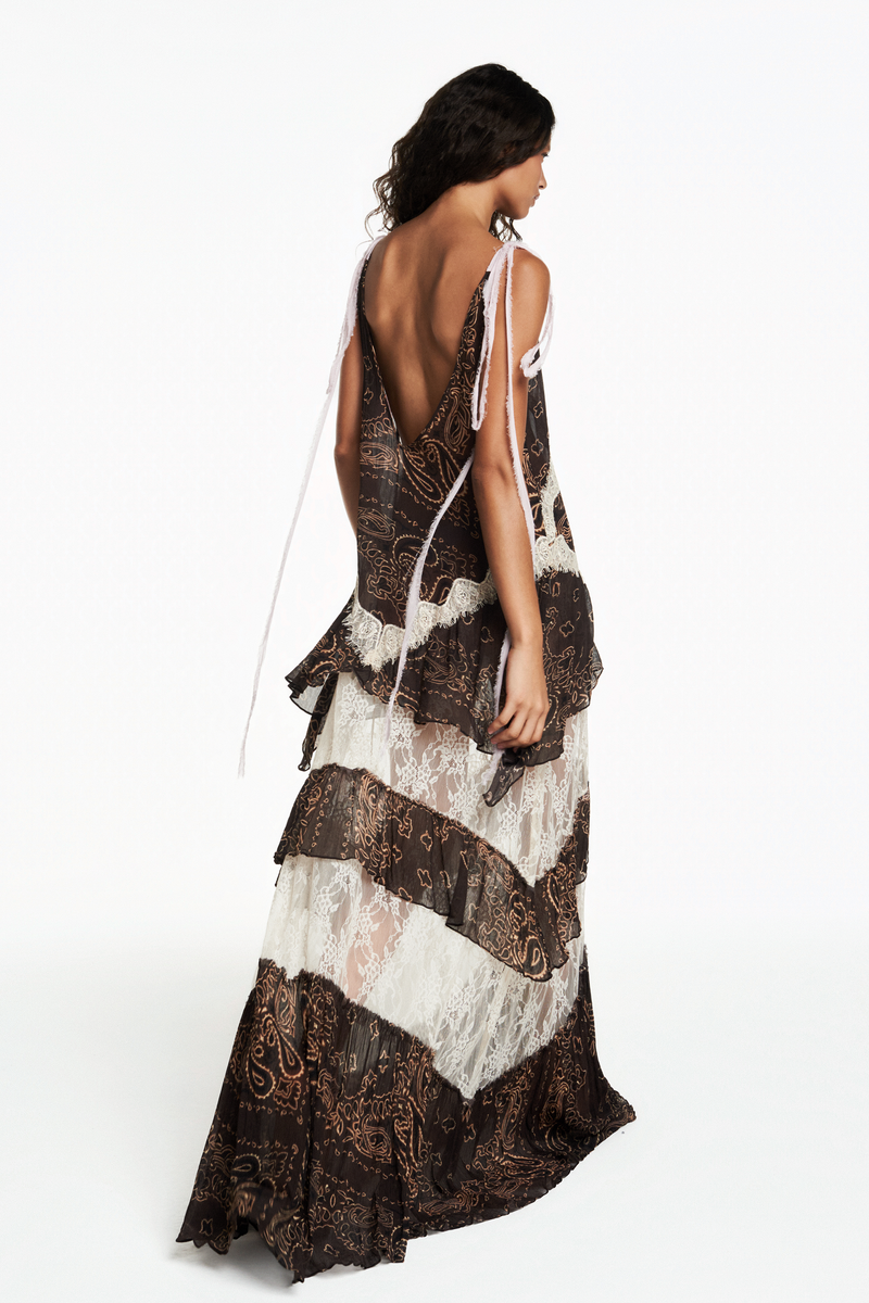 VESTIDO LONGO ALÇA CHIFFON BANDANA MARROM COM RENDA