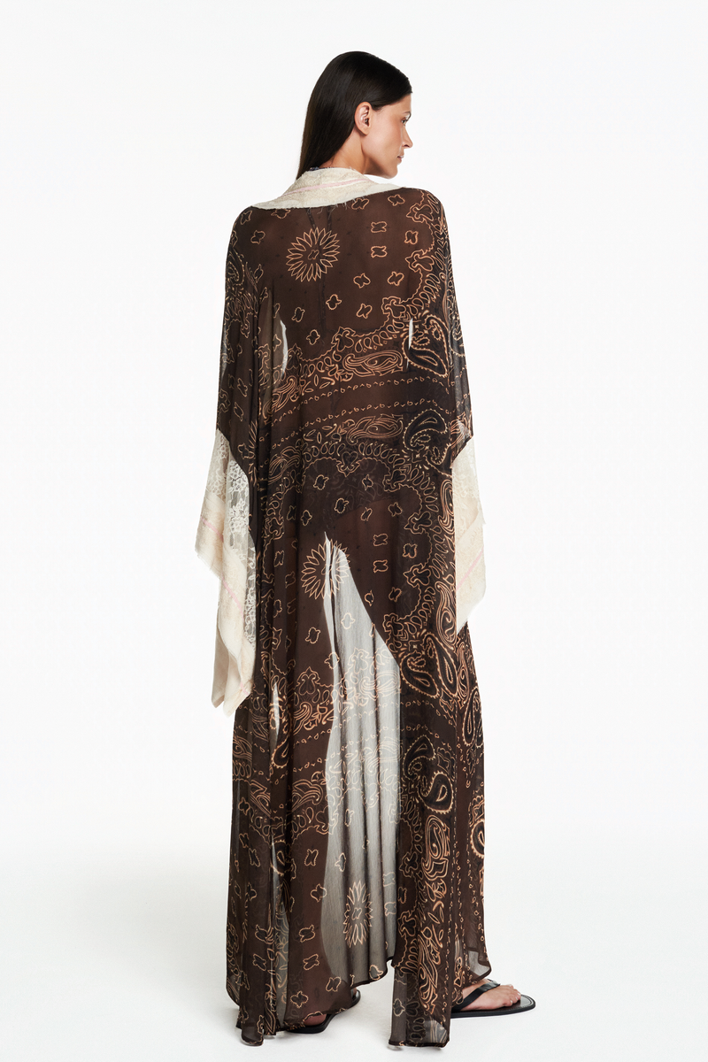 KIMONO LONGO CHIFFON BANDANA MARROM COM RENDA