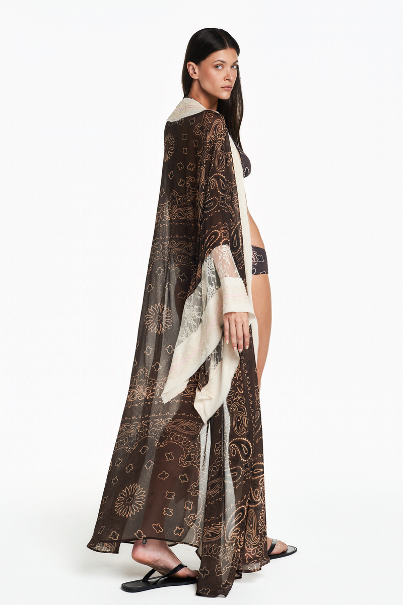 KIMONO LONGO CHIFFON BANDANA MARROM COM RENDA