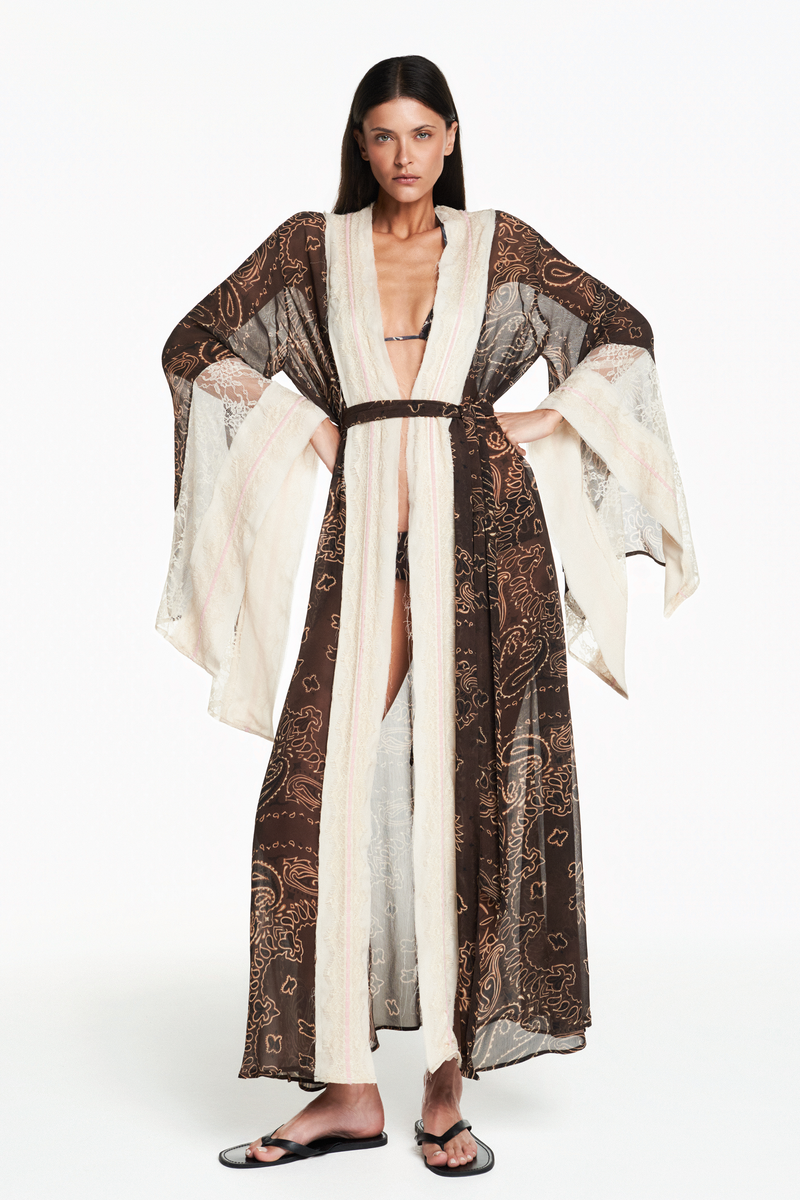 KIMONO LONGO CHIFFON BANDANA MARROM COM RENDA