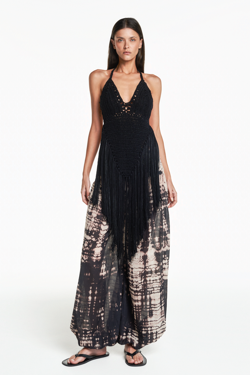 CALÇA PALA DRAPEADA ELÁSTICO BARRA ALGODÃO TIE DYE PRETO