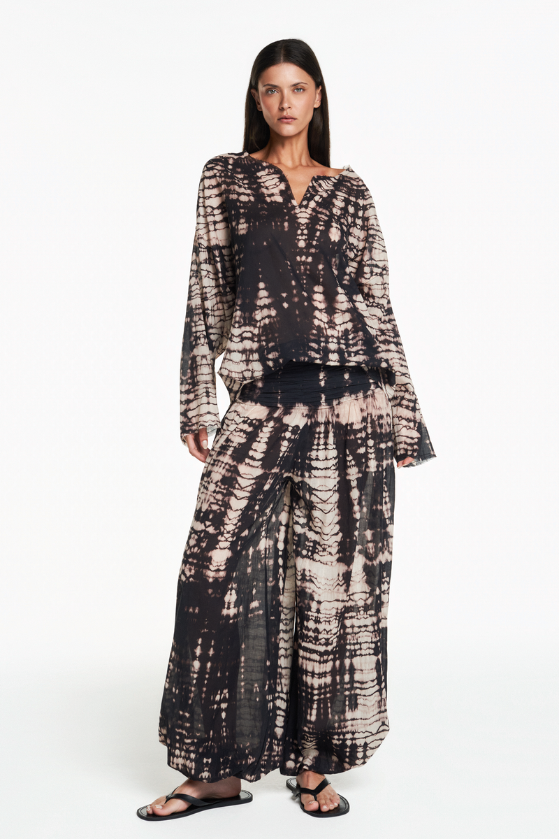 CALÇA PALA DRAPEADA ELÁSTICO BARRA ALGODÃO TIE DYE PRETO