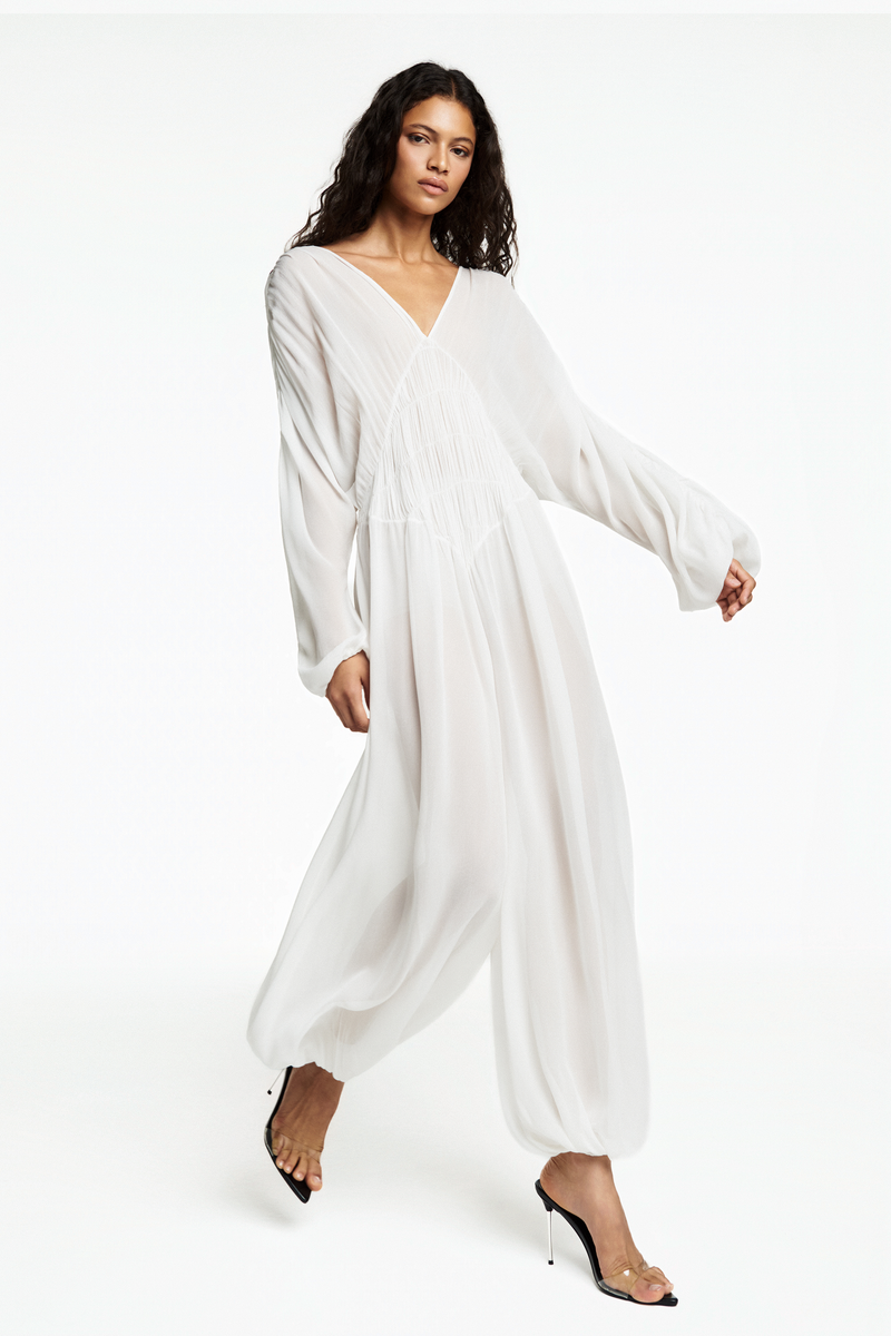 MACACÃO DRAPEADO LASTEX GEORGETE OFF WHITE