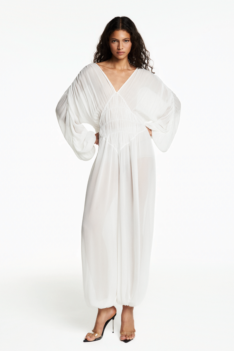 MACACÃO DRAPEADO LASTEX GEORGETE OFF WHITE