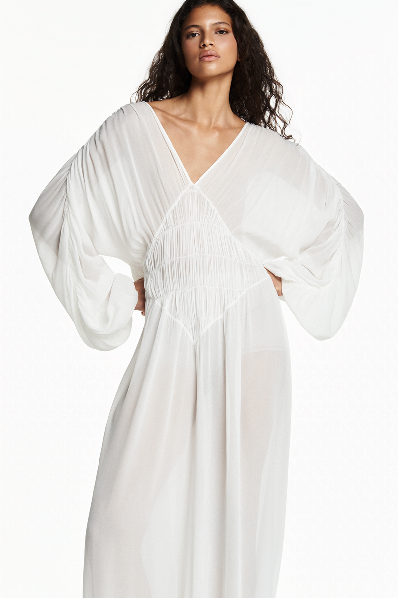 MACACÃO DRAPEADO LASTEX GEORGETE OFF WHITE