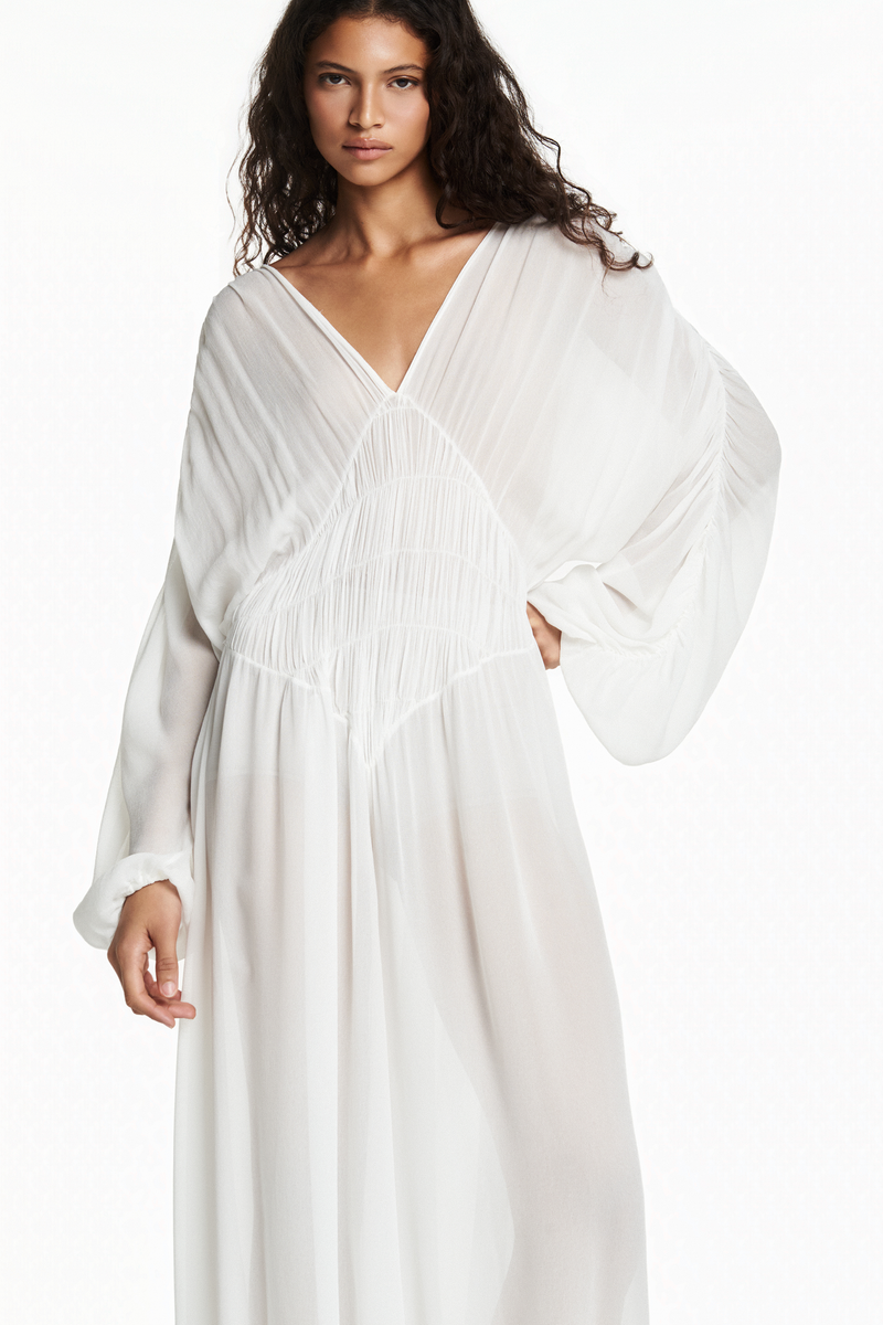 MACACÃO DRAPEADO LASTEX GEORGETE OFF WHITE