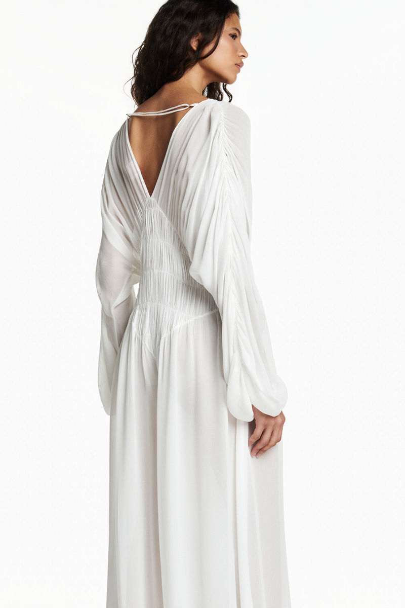 MACACÃO DRAPEADO LASTEX GEORGETE OFF WHITE