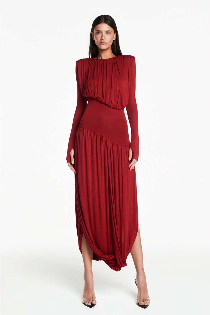 VESTIDO LONGO MANGA LONGA SAIA TORCIDA CORPO DRAPEADO MALHA VERMELHO