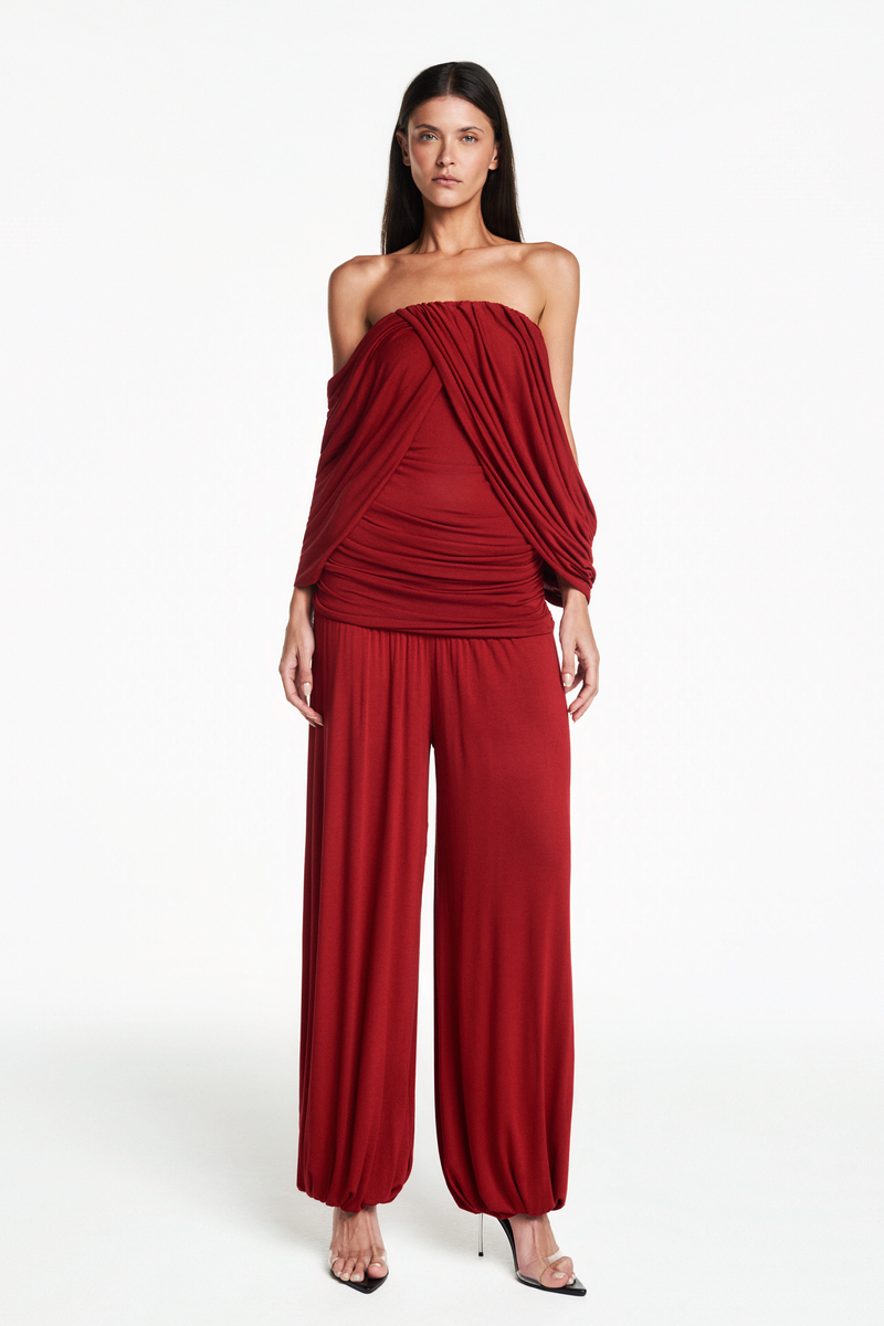 CALÇA PALA DRAPEADA ELÁSTICO BARRA MALHA VERMELHA