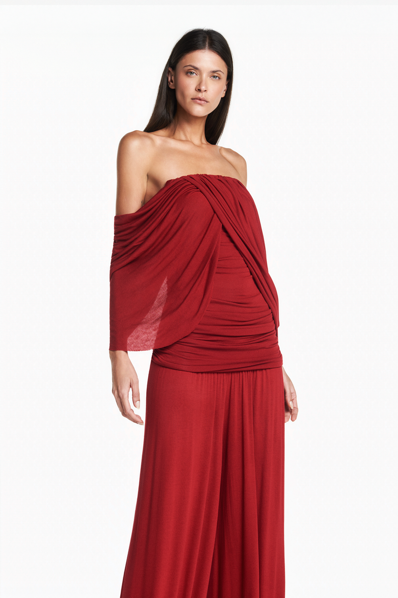 CALÇA PALA DRAPEADA ELÁSTICO BARRA MALHA VERMELHA