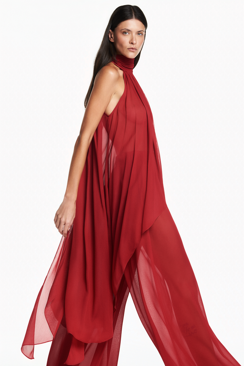 BLUSA GOLA ALTA MULLET GEORGETE VERMELHO