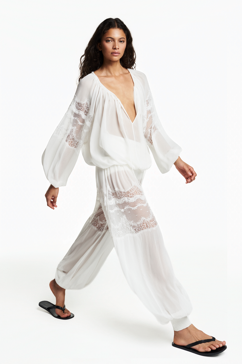 CALÇA PALA E PUNHO LASTEX RENDA PERNA GEORGETE OFF WHITE