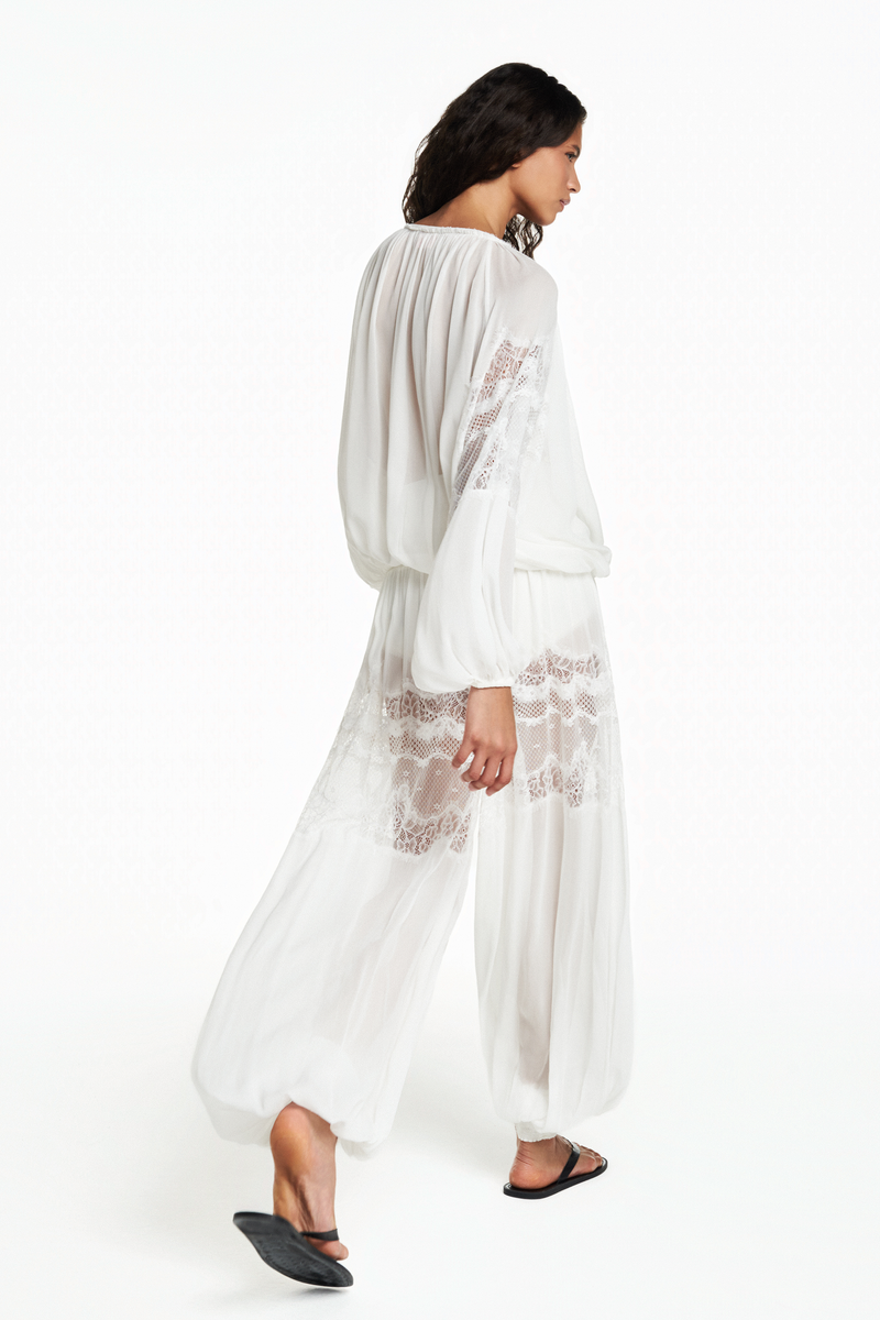 CALÇA PALA E PUNHO LASTEX RENDA PERNA GEORGETE OFF WHITE