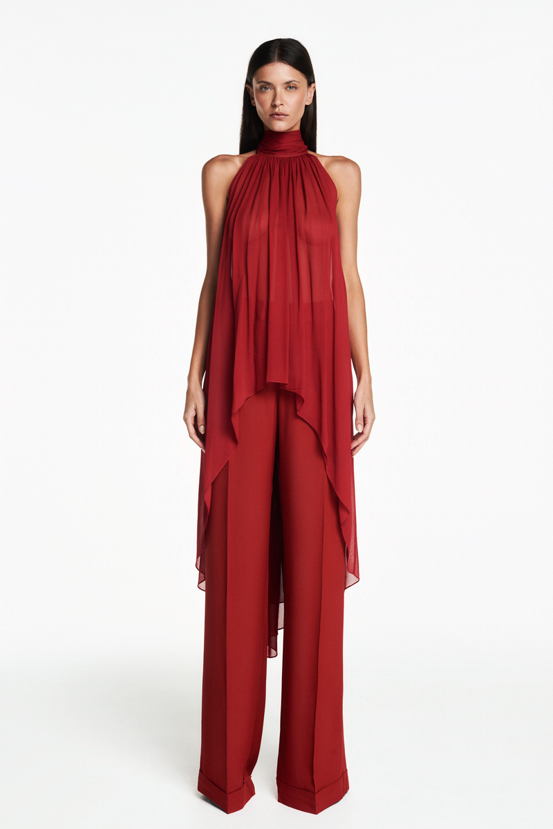 BLUSA GOLA ALTA MULLET GEORGETE VERMELHO