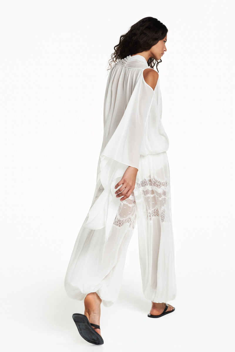BLUSA DECOTE TRANSPASSE ELÁSTICO CINTURA MANGA AMPLA GEORGETE OFF WHITE