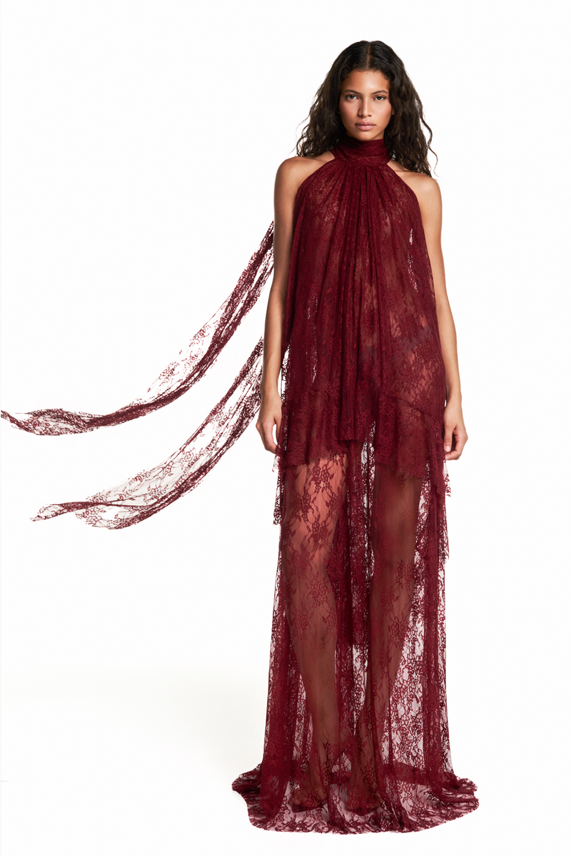 VESTIDO LONGO SEM MANGA GOLA ALTA BABADOS MULLET RENDA BORDÔ