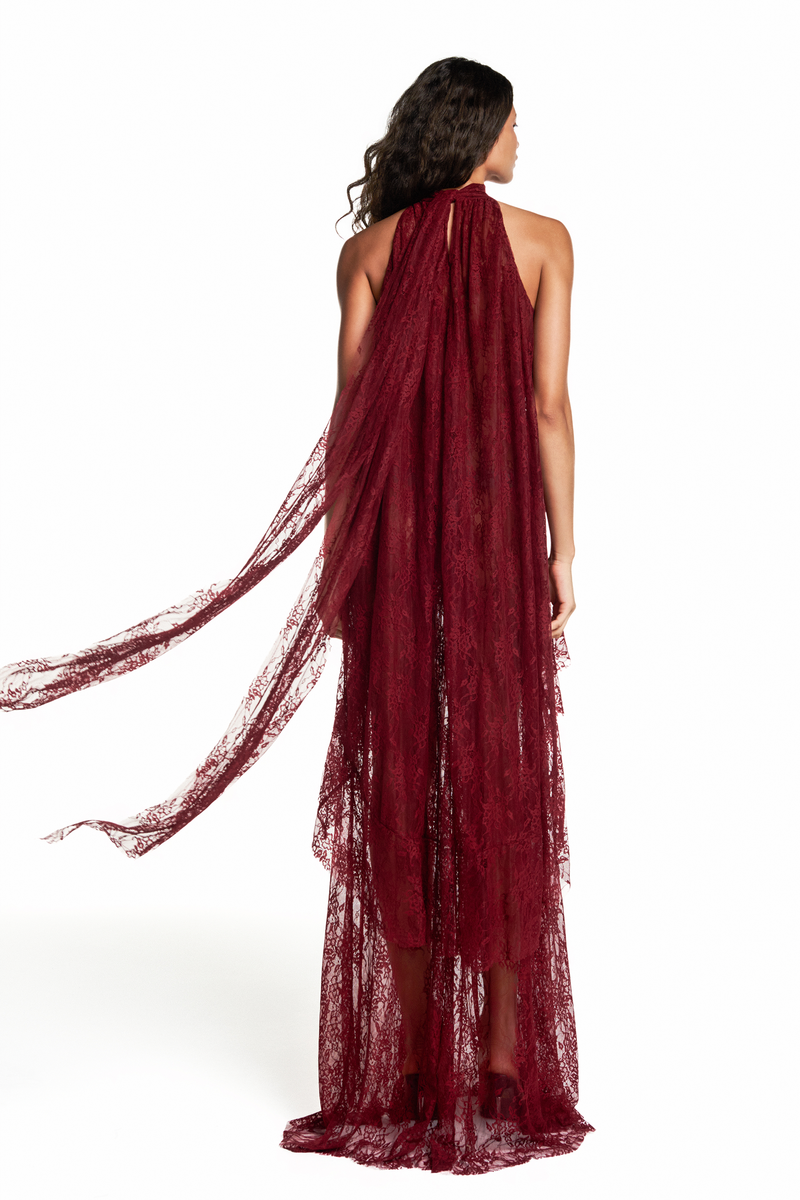 VESTIDO LONGO SEM MANGA GOLA ALTA BABADOS MULLET RENDA BORDÔ