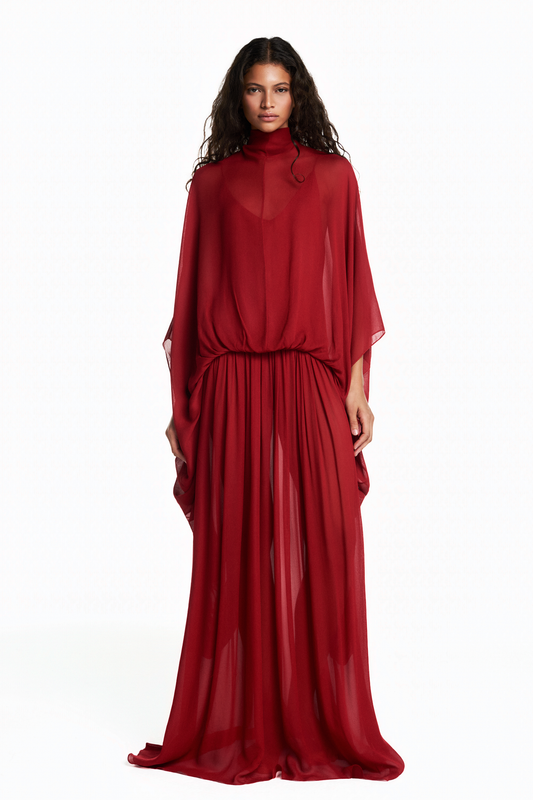 VESTIDO LONGO AMPLO CAPA GEORGETE VERMELHO